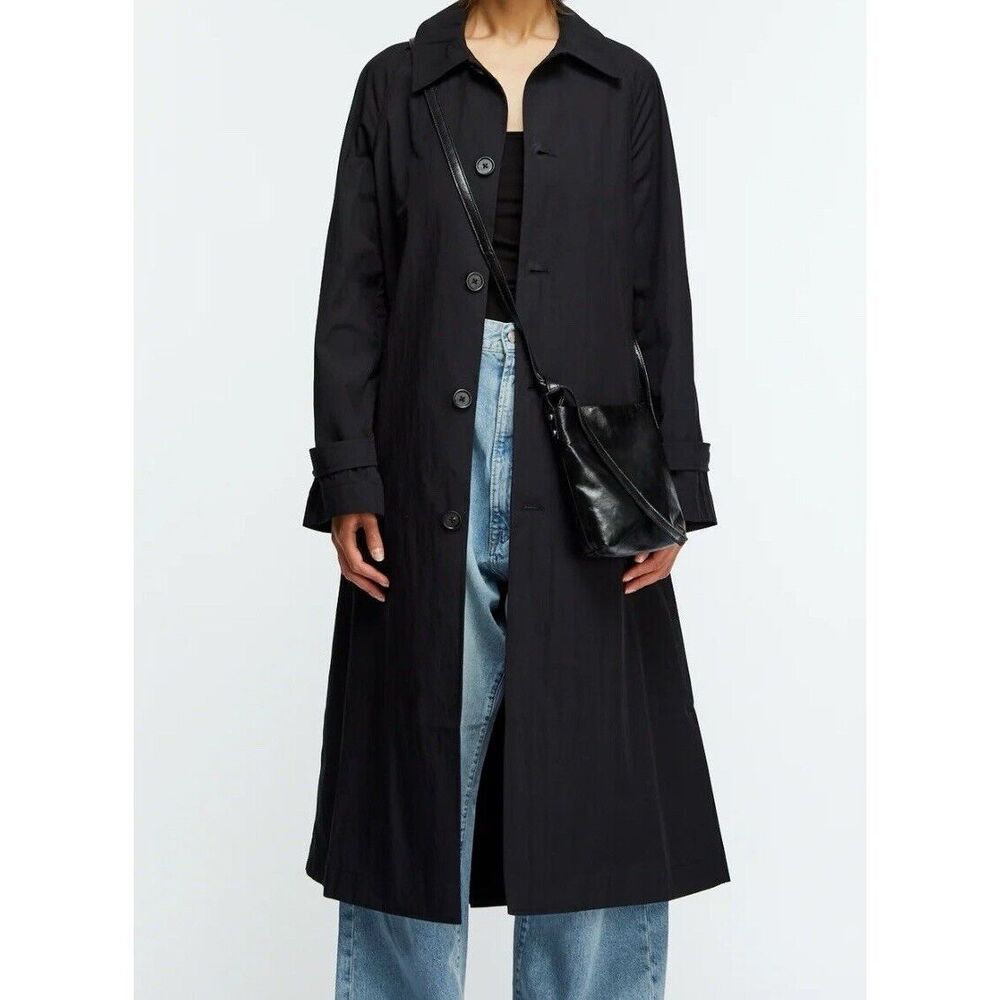 6397 Trench Coat Women’s Medium Black Cotton Nylon Fit Flare Shape Long Sleeves